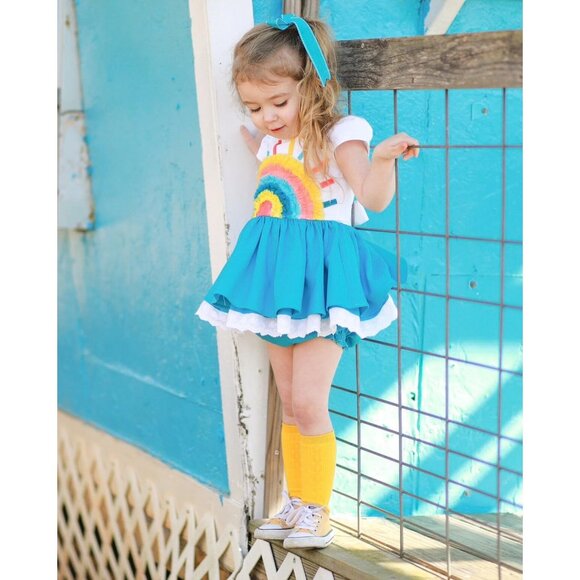 Sz 7 Girl August Stay Golden teal linen rainbow dress and shorts set NWT - Picture 5 of 8